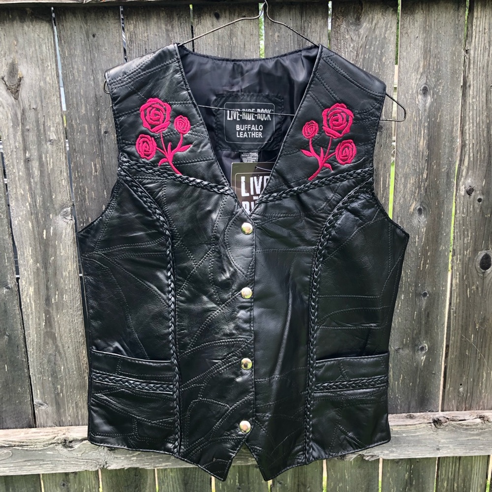 Live-ride-rock Buffalo Leather Black Vest with Pink Rose Embroidery